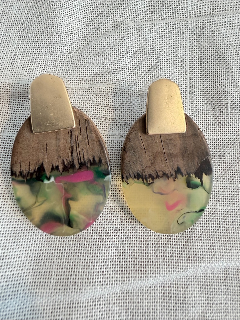 Artisan Wood & Swirl Resin Oval Post Statement Earrings